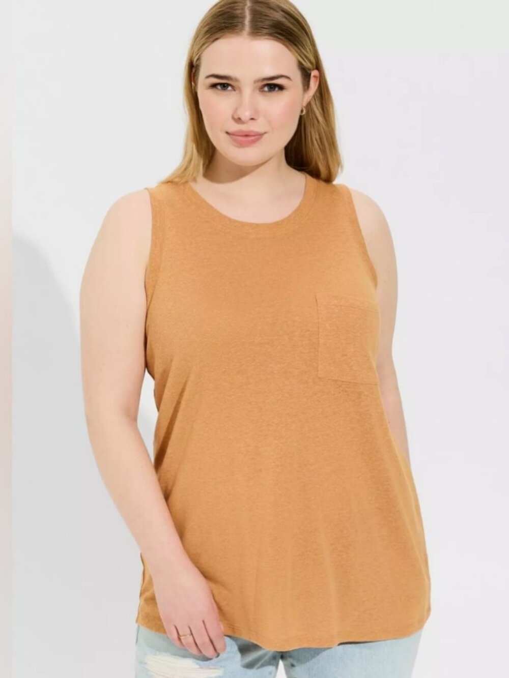 Torrid Lightweight Linen Blend Crew Neck Pocket Tank Women's Size 1X Biscuit Tan